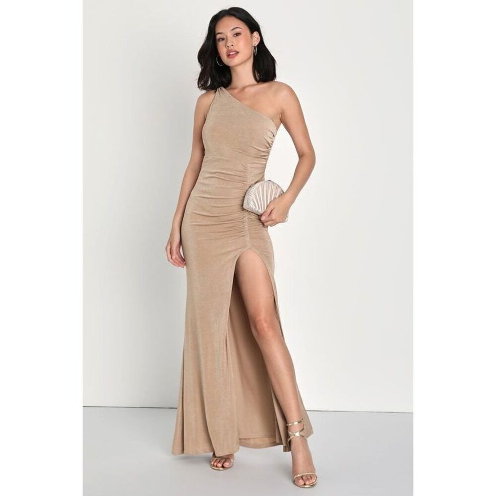 Lulus Especially Breathtaking Taupe Ruched One-shoulder Maxi Dress - Size XL
